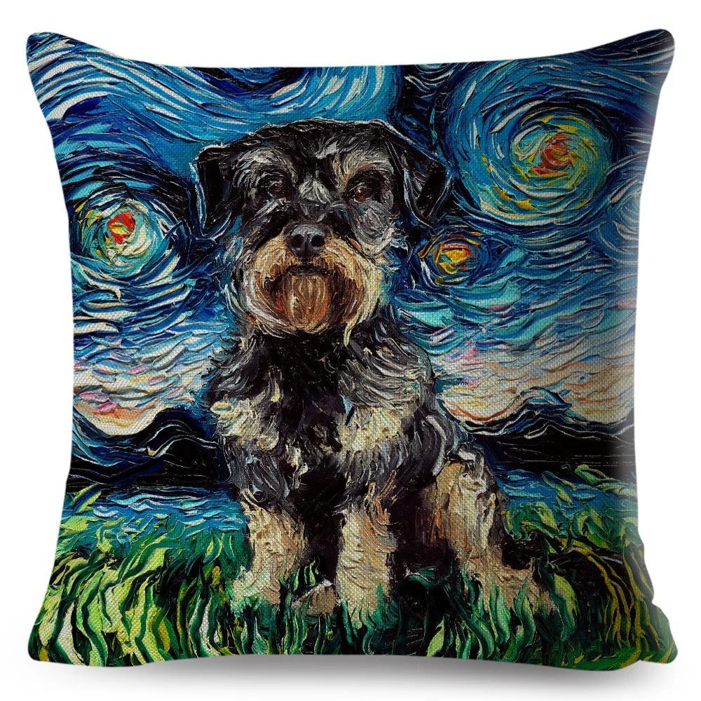 Both Sided Starry Sky Dog Cushion Cover Decor Oil Painting Cartoon Pet Animal Pillow Case for Sofa Home  Linen Pillowcase