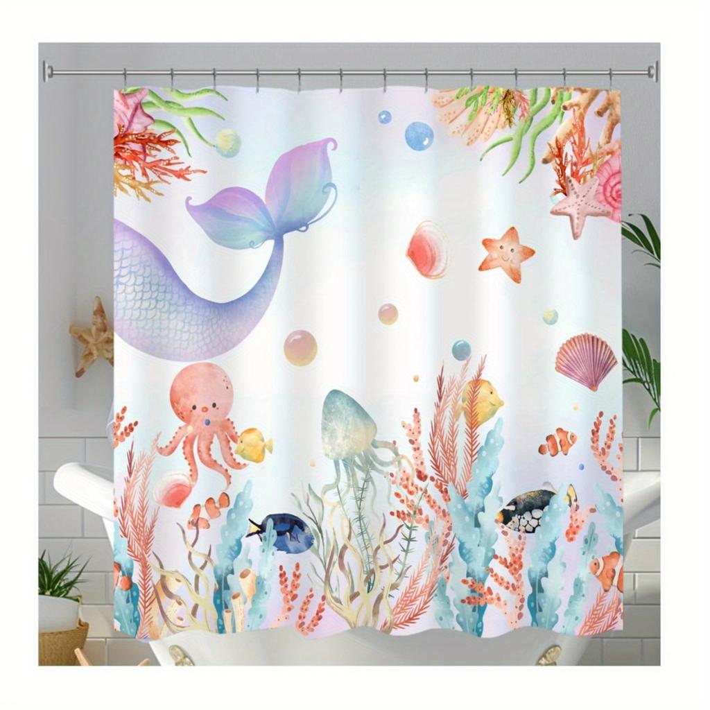 Cute Ocean Mermaid Shower Curtain - Vibrant Underwater Scene with Octopus, Jellyfish, Seahorses & Coral, Machine Washable