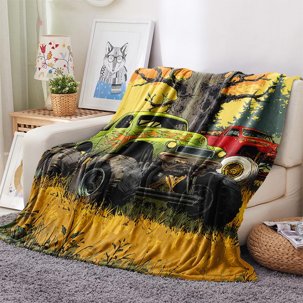 Truck Print Flannel Blanket, High Quality Comfortable for All Seasons, Home Decor, Warmth and Comfort, Perfect for Christmas Gifts