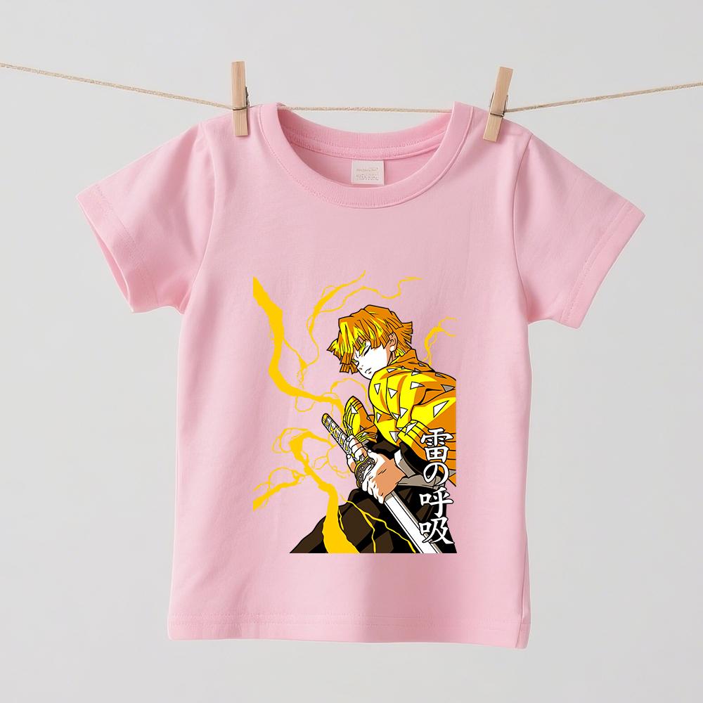 Demon Slayer Zenitsu Anime Print Cotton T Shirt for Children Boys Girls Summer Short Sleeve Casual Daily Wear Tops