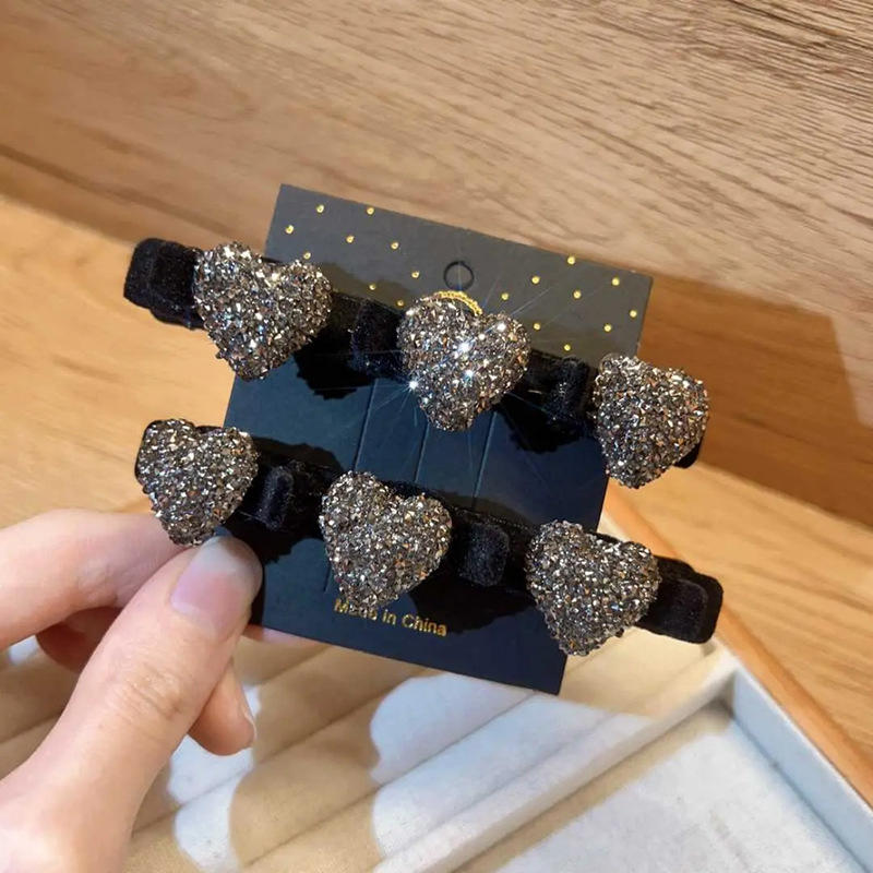 Double Layer Flocked Bangs Side Clip Crystal Love Heart Hair Braiding Hairpins Women Girls Clip Bangs Barrettes Hair Accessories Forehead Bangs Clip