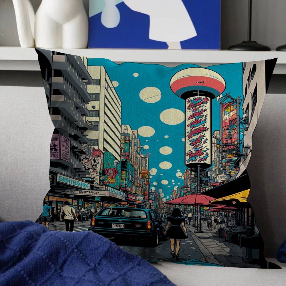 Manga Style Japanese Street Landscape Pillow Cushion Cover Pillowcase Living Room Sofa Home Decor Customized