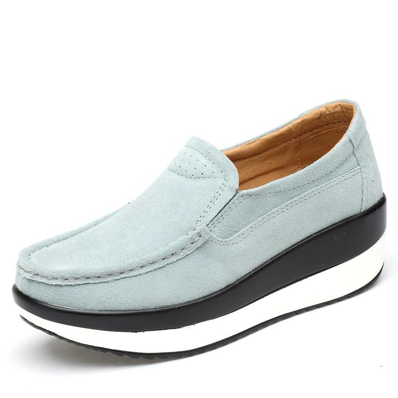 Women Flat Platform Loafers Ladies Elegant Suede Leather Shoes Slip On Women's Blue Casual Shoes