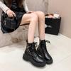 Mode Femme Style Britannique Semelle Épaisse Bottines Courtes Automne Hiver Nouveau Noir Talon Carré Punk Lacets Cuir PU Moto Botas