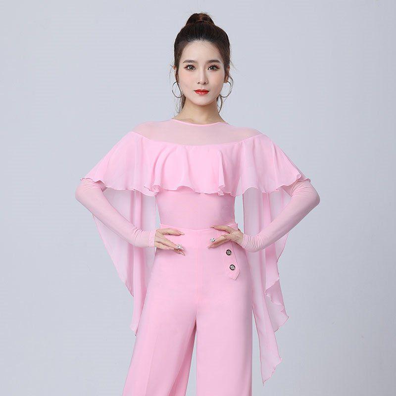 Damelivdrakt for moderne dans med mesh-sømmer og flytende volangtopp for balsalvals-øvelse