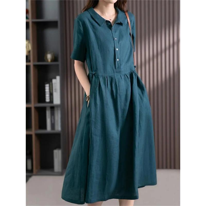 

Women Casual A Line Midi Dress Lapel Short Sleeve Cotton Linen Wear M синий