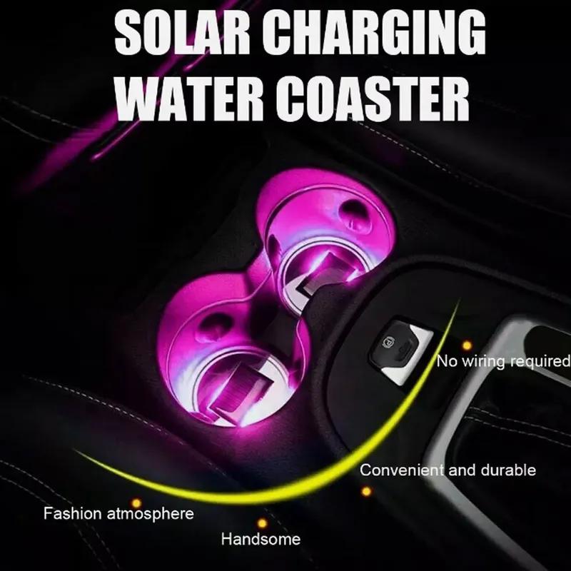 2pcs Universal Car Interior Decoration Cup Pad Auto Anti Slip ert Cup Pads Car Solar Charging LED Cup Holder Car Accessories