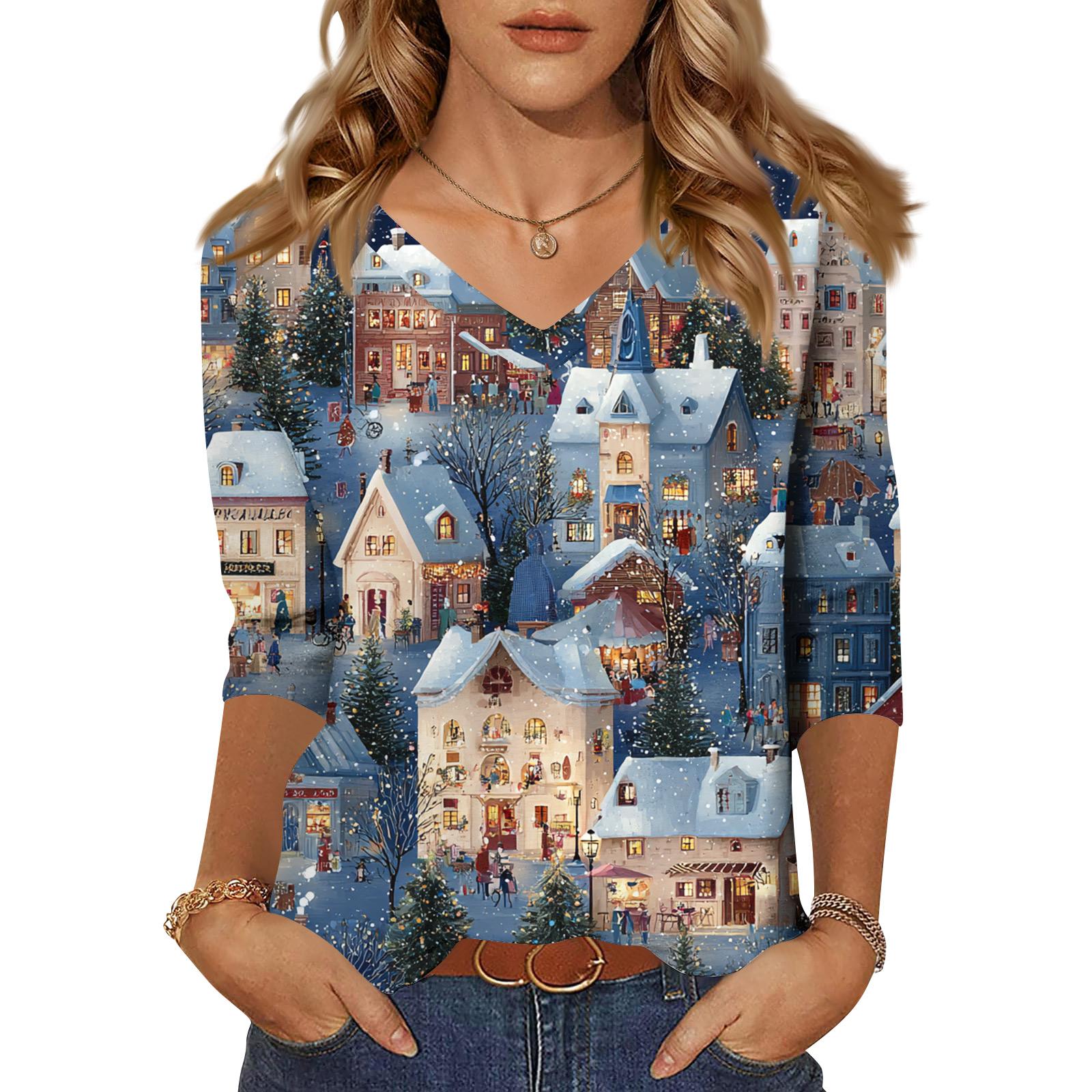 

Женские топы Рубашка с рукавом три четверти V-образный вырез Свободная повседневная рубашка Футболка с принтом L темно-синий