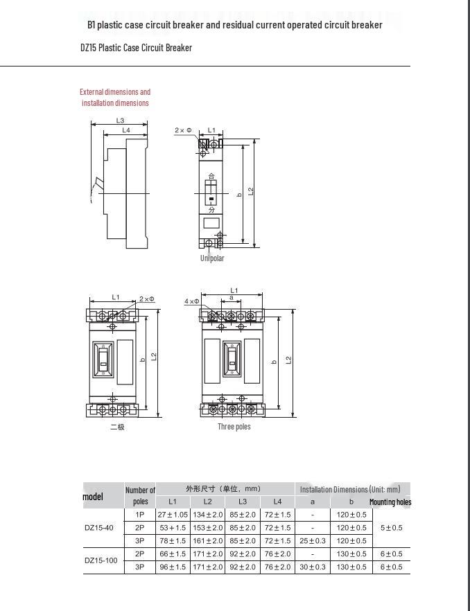 DELIXI Plastic Circuit Breaker DZ15: Three-Phase or Single-Phase 2P/3P Air Switch, 63A/100A