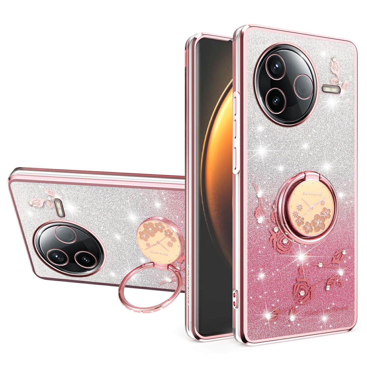 

KADEM For Xiaomi Civi 5 Pro 5G Case Ring Kickstand TPU Flowers Phone Cover Gradient Glitter Rose Gold