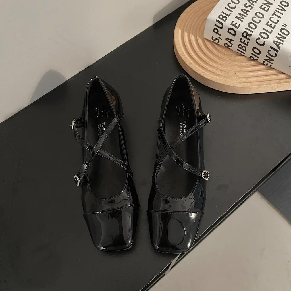 Fashion Medium Heeled Mary Jane Single Shoes New Women Shoes Retro Thick Heeled Ballet Shoes Cross Buckle Shallow Soft Sole Shoe 2025