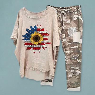 2 Teile/satz Frauen Top Hosen Set Rundhals Blume Camouflage Print Unregelmäßigen Saum Kurze Ärmel Lose Kordelzug