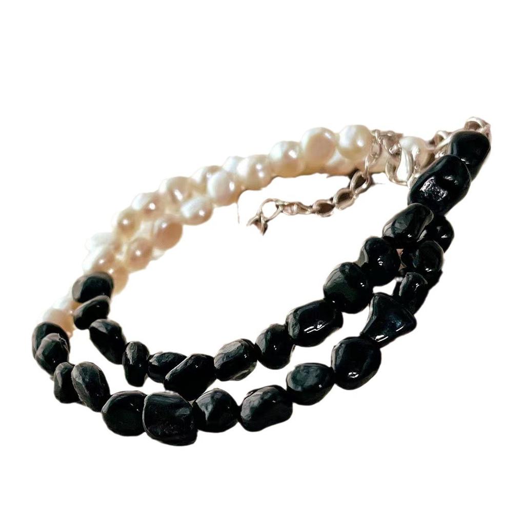 Retro Natural Black Agate Natural Freshwater Baroque Pearl Bracelet Black And White Contrasting Color Bracelet