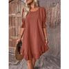 Spring Summer Retro Round Neck Short Sleeve Women Dress Fashion Elegnt Solid Color Loose A-line Party Dresses Casual Simple Ruffled Office Clothing
