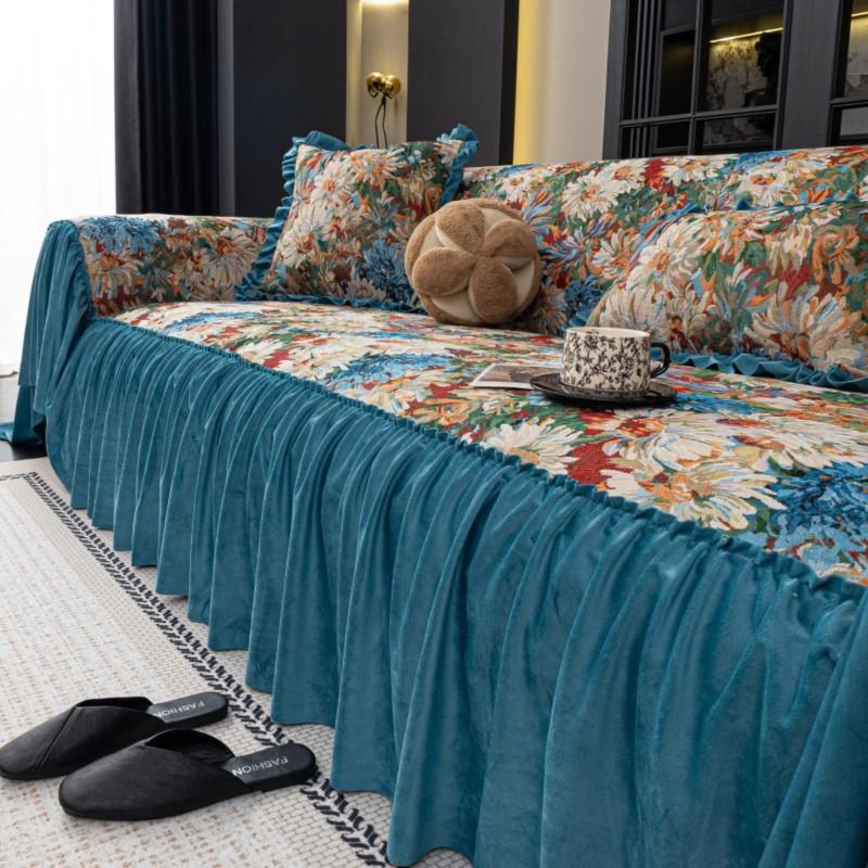 French Ruffled Edge Mat Aesthetic Anti-Slip Cooling Flower Printed Couch Cushion Mats Autumn Universal Chenille Sofa Cover