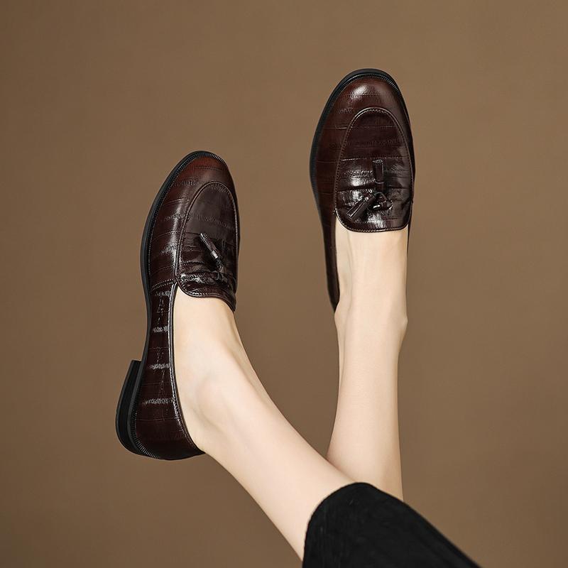 Fashion Women's new leather plaid cowhide round toe flower tassel British style comfortable low heel loafers casual single shoes