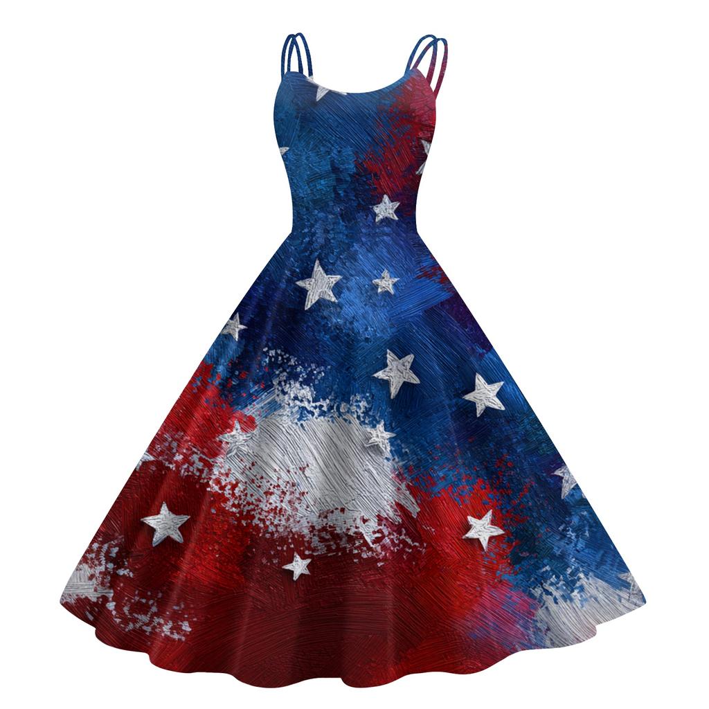 Women’s Sleeveless Vintage Floral Print Off Shoulder Dress with Flag Pattern for Summer Casual Wear