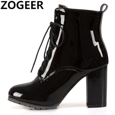 Fashion Fashion Ankle Boots For Women Winter Shoes Block High Heels Patent Lace-up Women's Short Boot Blue Red Black Large Size 45 46