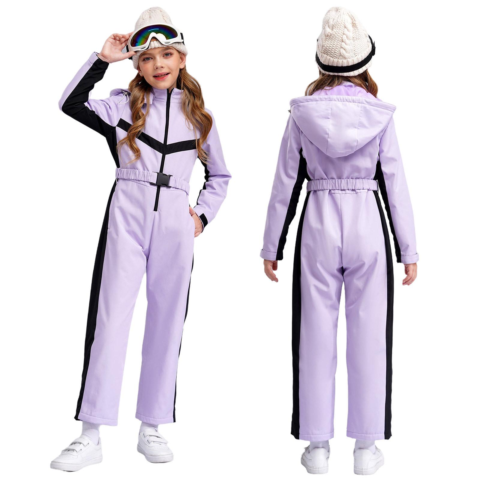 

Girls Ski Jumpsuit Tracksuit Playsuit Hooded Bodysuit Water Resistant Snowsuit with Belt for Outdoor Snow Sports Snowboarding 5-6 Years фіолетовий