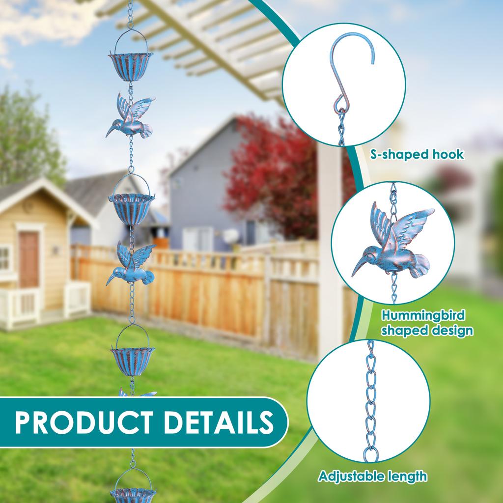 Rain Chain Hummingbird and Cup Shaped Rain Catcher Chain Metal Outdoor Garden Decoration Functional Replacement for Downspout