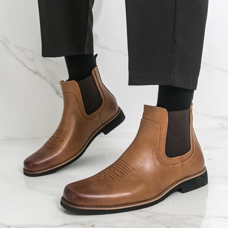 Men's Embroidered Leather Chelsea Cowboy Boots, Retro British Style, High-Top Slip-On, Short Winter Boots