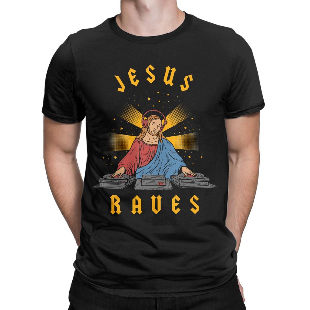 Jesus Raves TShirt Beach Novelty TShirts Mens Cotton O Neck Plus Size Clothes ShortSleeved Y2K Funny Tops
