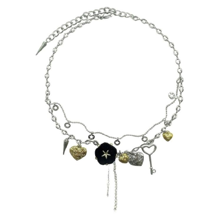 

Stylish Women Necklace Punk Chinese Influence Tassels Heart Flower Button Pendant for Collarbone Length Alloy 1