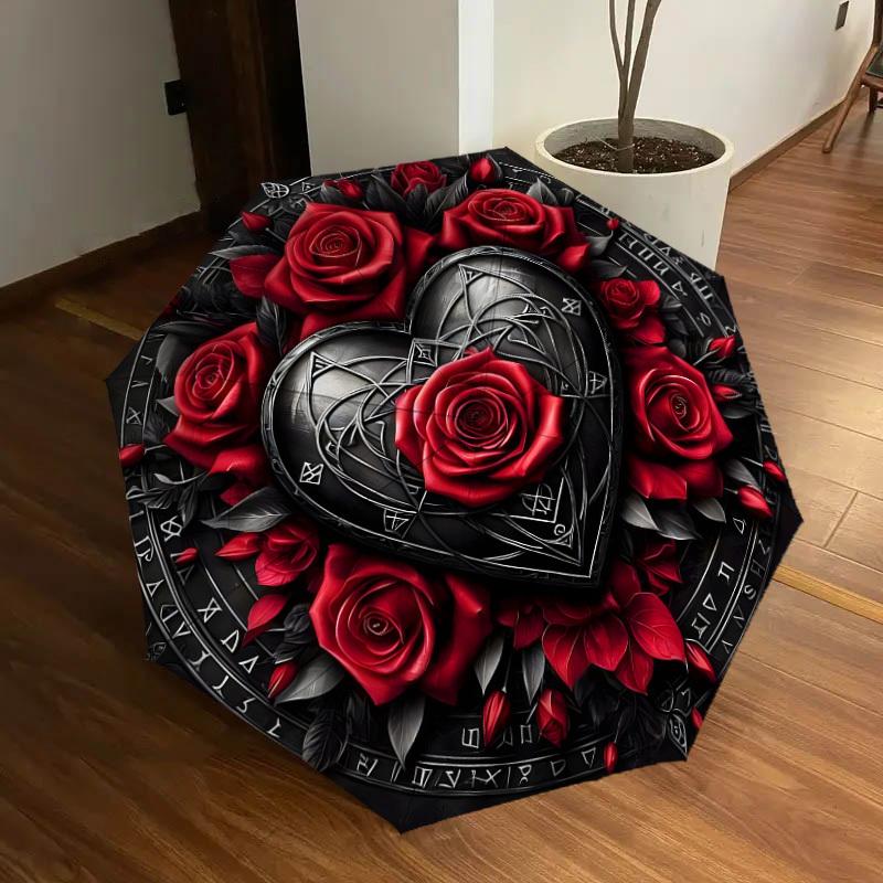 1pc Gothic Heart Roses Emblem Umbrella with Plastic Handle,Suitable for All Seasons Home Travel Outdoor UmbrellaDD1172