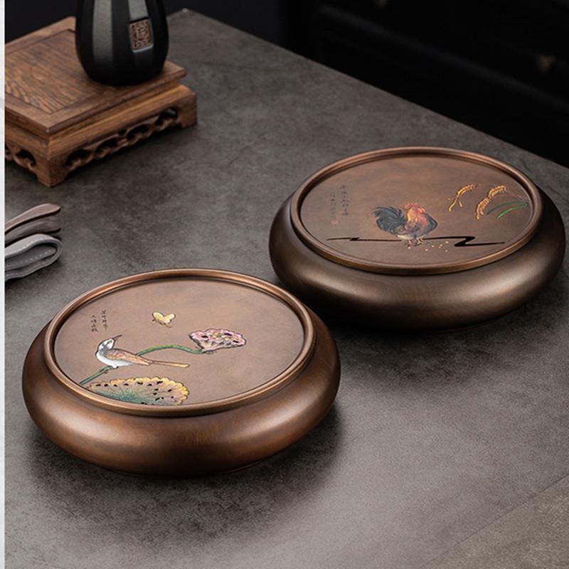 Hand-Painted Retro Bronze Round Tea Tray with Rooster Design