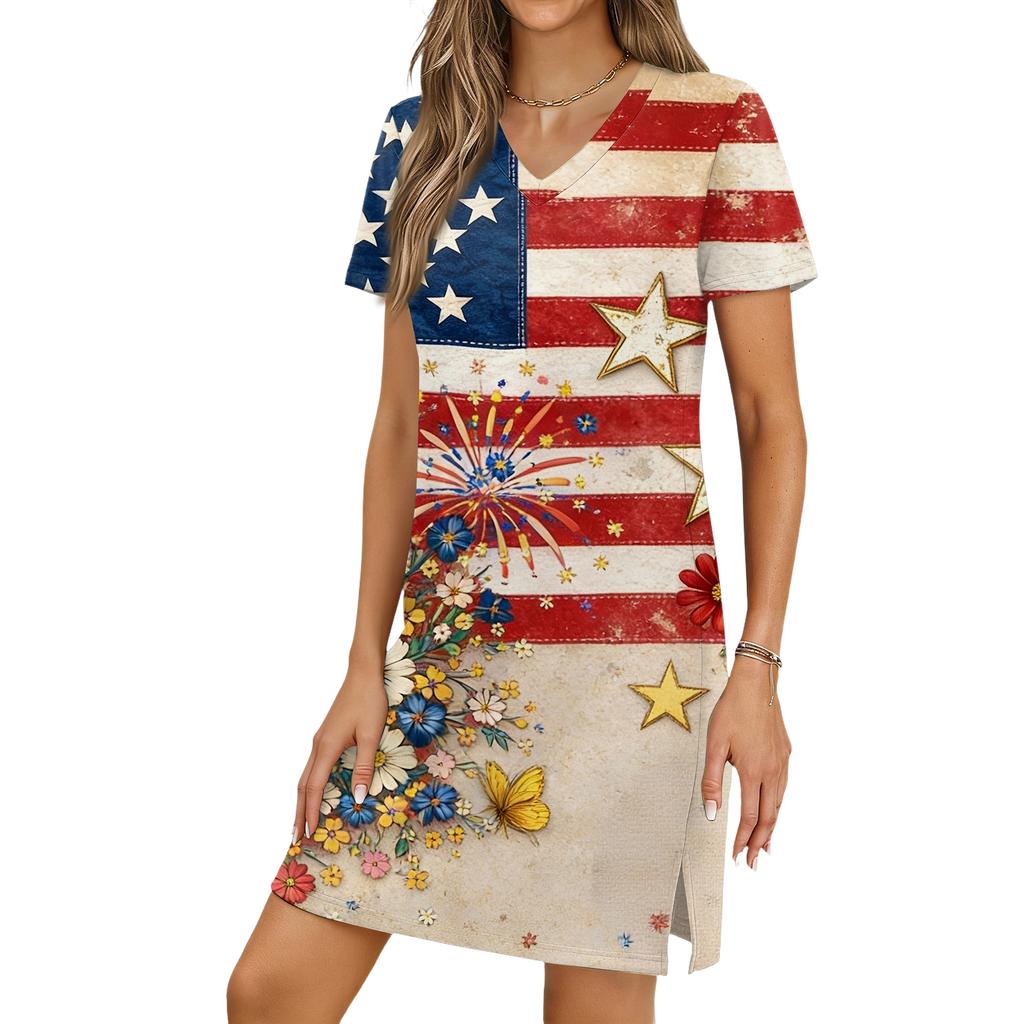 Women's Casual V-neck Short Sleeve Split Hem Independence Day Printed Dress