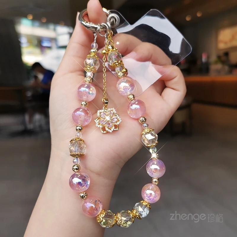 

Mobile Phone Chain Luxury Dream Beads Pink Beaded Mobile Phone Lanyard Women s Advanced Sense of Crystal Flower Pendant рожевий