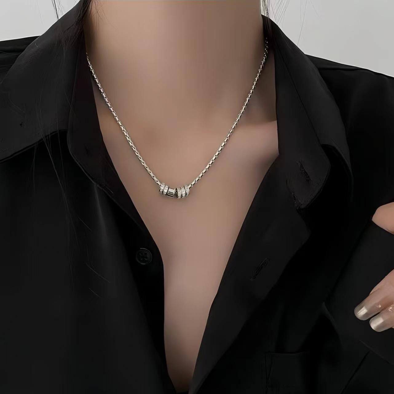 Titanium Steel Necklace, Neutral Cold Wind Flash Diamond Ring Pendant Titanium Steel Necklace Women s Versatile Collarbone Chain Men s Tide full stainless steel