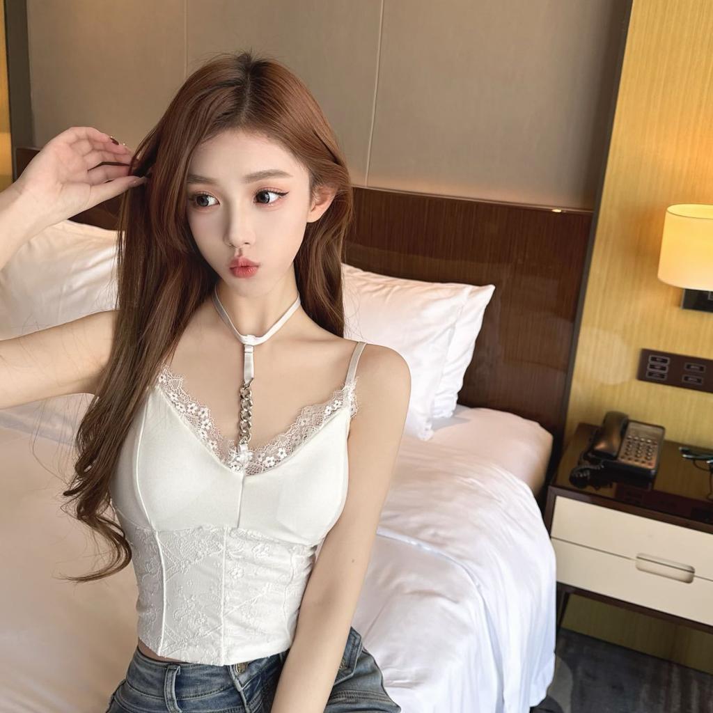 #Pure Lace Chain Sling Neck Beauty Back Vest Fixed Cup Free To Wear Gathering Bra Hot Girls Outside Wear