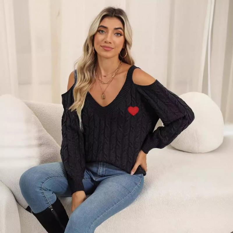 Womens V-Neck Sweater Long Sleeve Loose Fit Woven Winter Sexy Off Shoulder Heart Multi-color Street