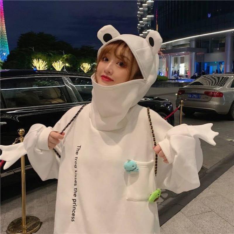 Women's Trendy Frog Pullover Hoodie - Long Sleeve, Unisex, Plus Velvet, Autumn/Winter Style