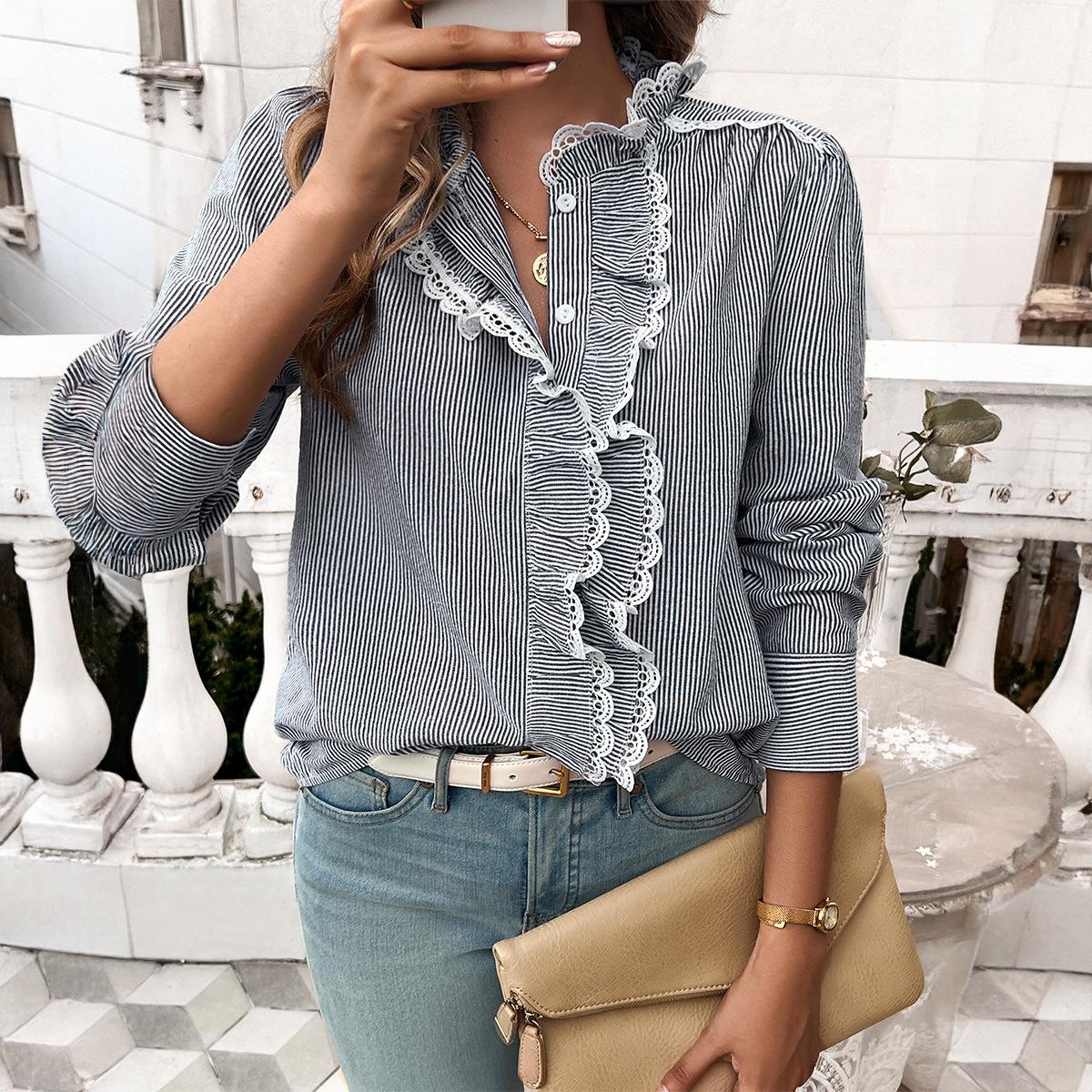 

Свободный Повседневный Полосатый Кружевной Кардиган В рубчик Блузка Топ с Длинным Рукавом Женский XL чёрный