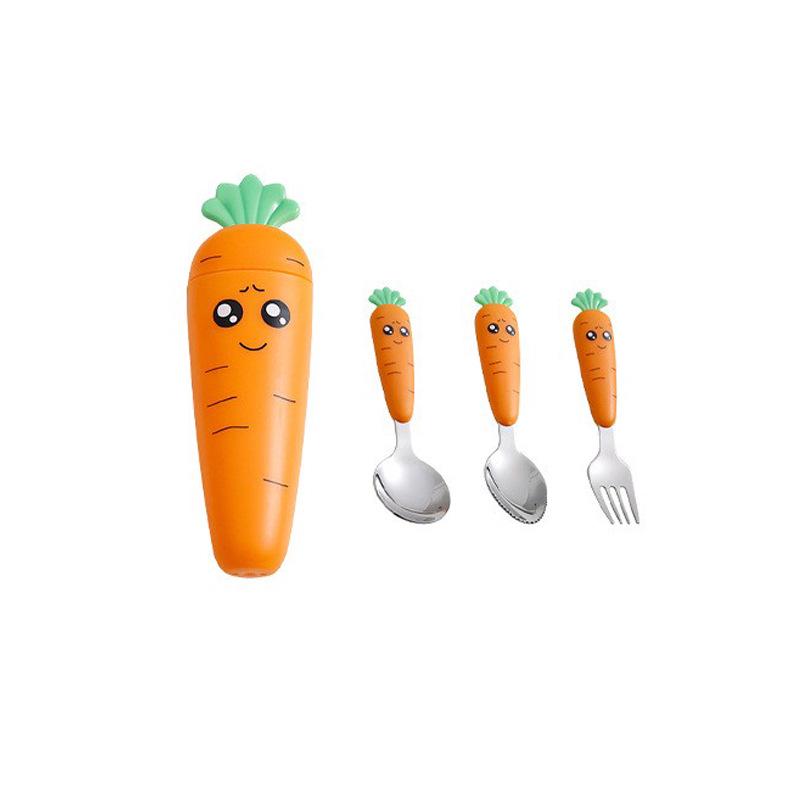 Children's Cartoon Radish Stainless Steel Tableware Set - Spoon, Fork, and Scraper with Portable Case.