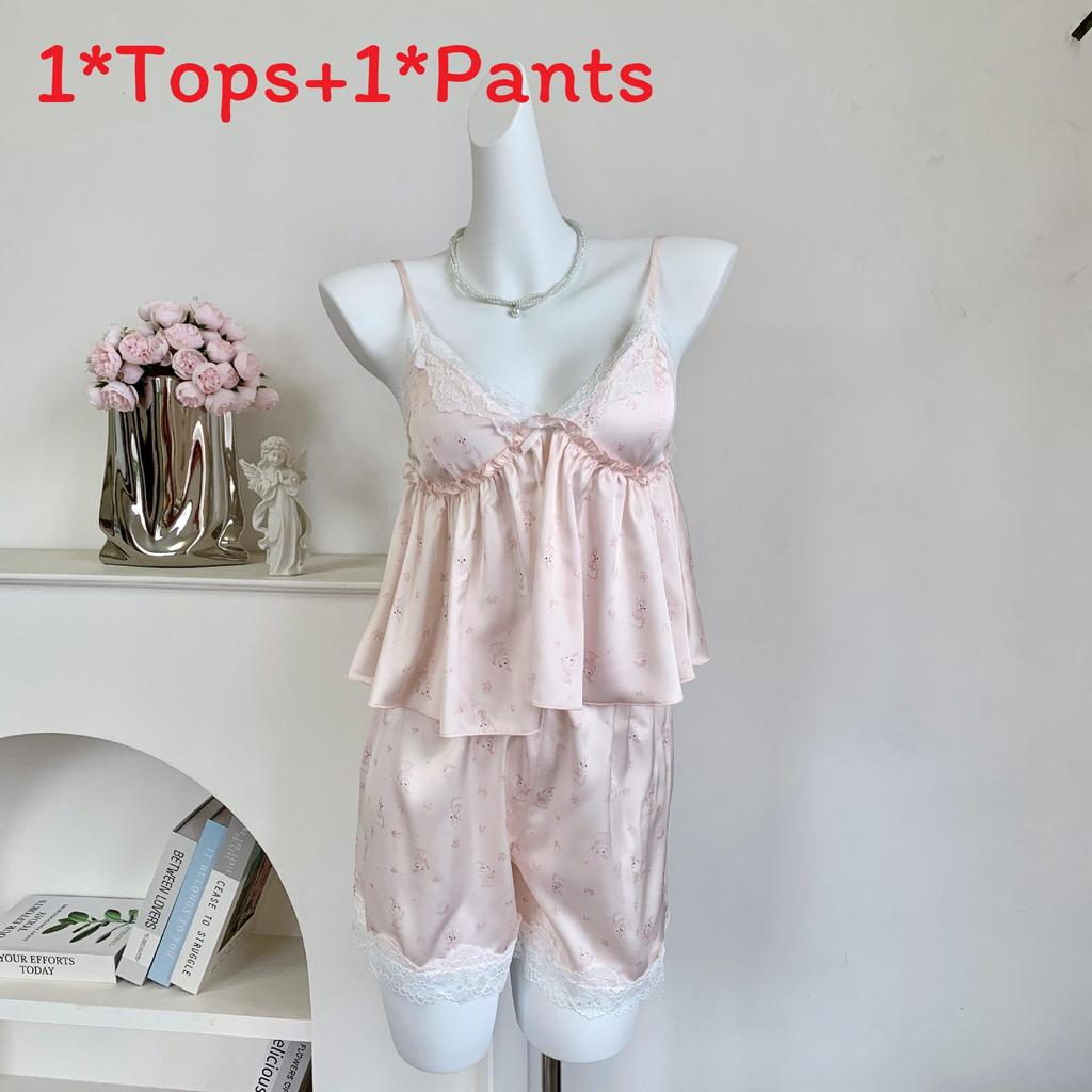 Ice Snow Silk Bunny Collar Pajamas Set With Lace Trim For Girls Home Wear