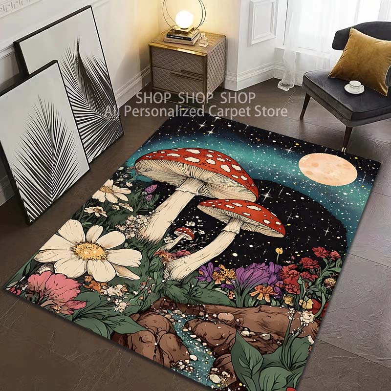 1PC Colorful Mushrooms Pattern Carpet for Living Room Bedroom Sofa Home Decor Non-slip Floor Mat Large Size Play Rugs
