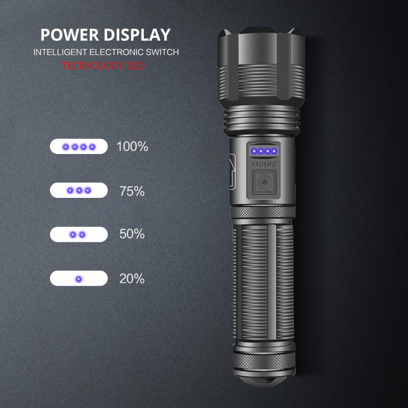 FONKEN Rechargeable LED Flashlight USB Torch Light XHP50 Most Powerful Flashlight 18650 Battery Bright Waterproof Zoom Hand Lamp