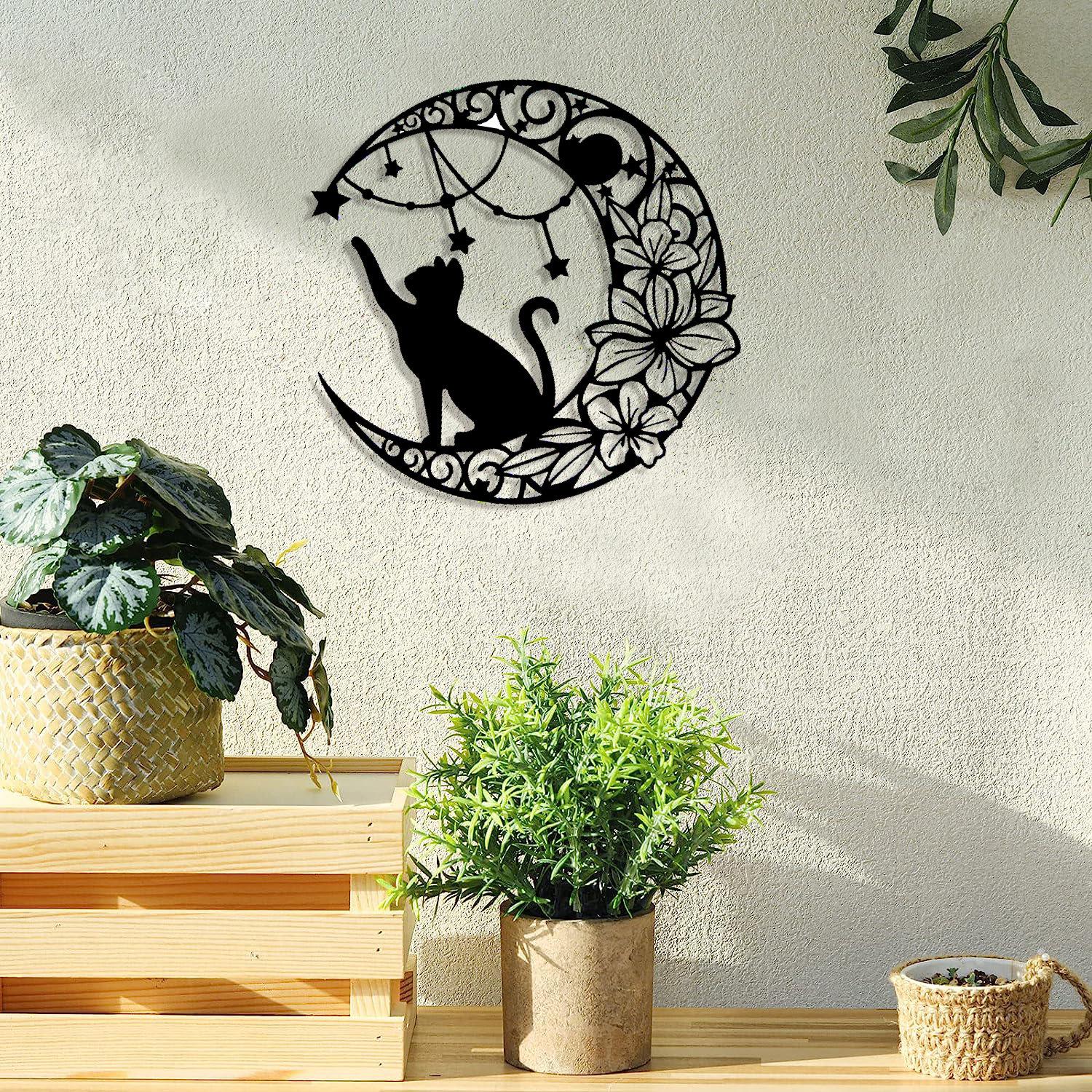 Wrought Iron Moon & Black Cat Silhouette Wall Ornament 30x30cm