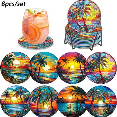 8 Pieces/set of Diamond Painted Coastal Scenery Patterned Coasters with Brackets DIY Coasters for Beginners and Adults, Art and Craft Supplies Gifts