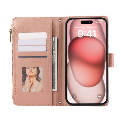 For iPhone 15 Pro Max Case Multi Card Slots Zipper Leather Phone Cover with Wrist Strap