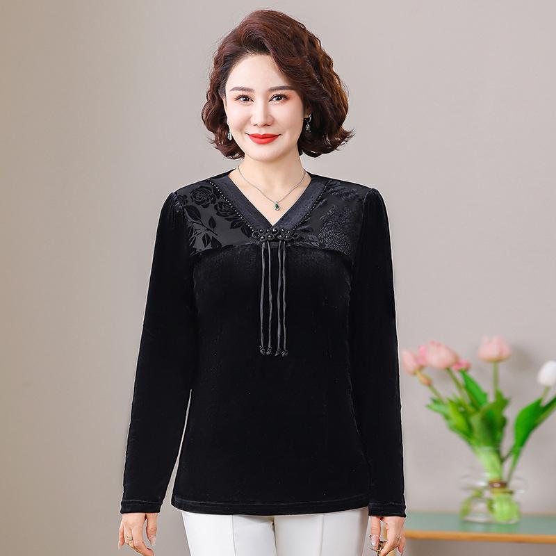 Elegant Chinese Style Golden Velvet Long Sleeve Top - Slim, Fashionable Base Layer for Plus Size, Spring & Autumn.