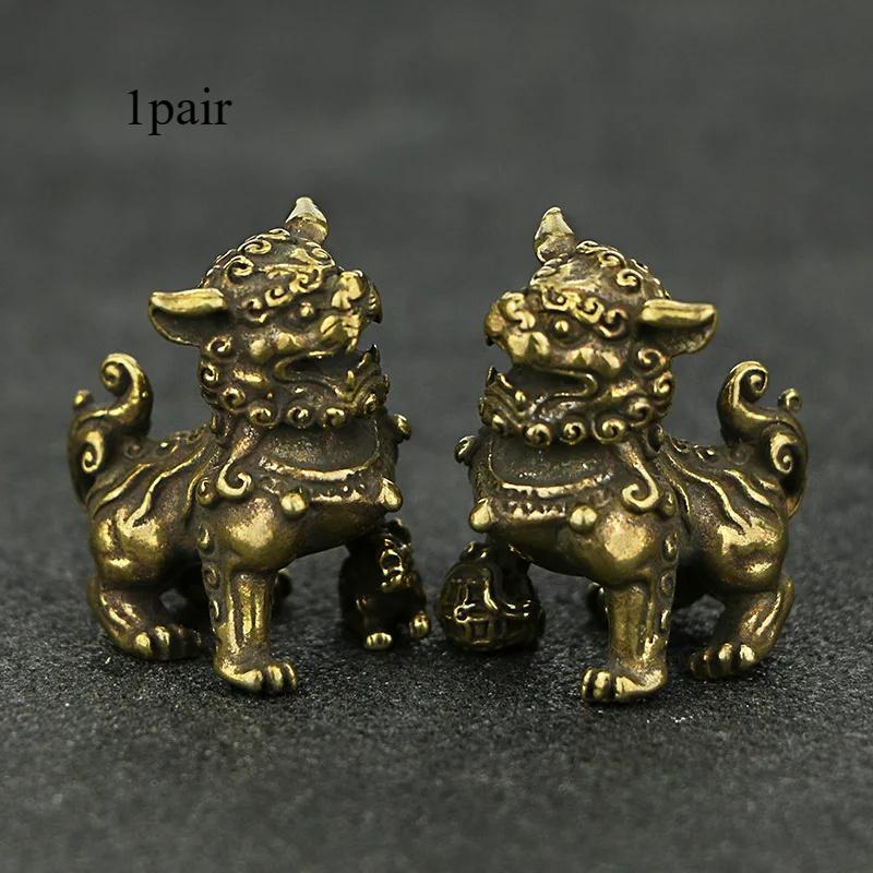 

2 шт. Чистая медь Lucky Lion King статуэтки миниатюры настольные украшения антикварная бронза китайские животные статуэтка домашний фэн-шуй декор 1Pair