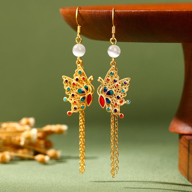Ancient Gold Sterling Silver Earrings with Imitation Hetian Jade & Colorful Butterfly Tassels