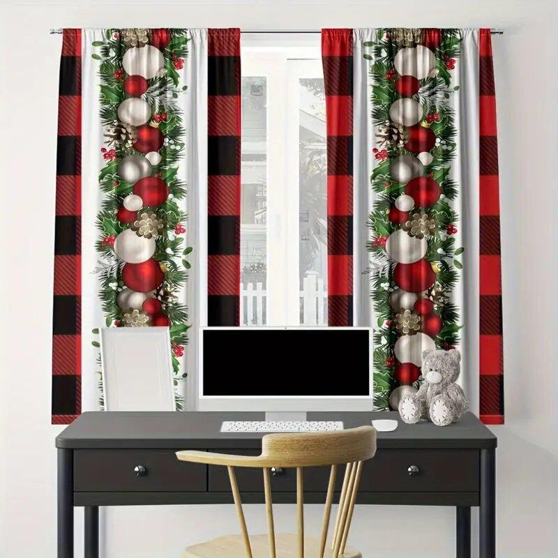 Set Of 2 Christmas Balls Pine Leaves Pinecones Printed Curtains Window Decorations Home Room Made Polyester