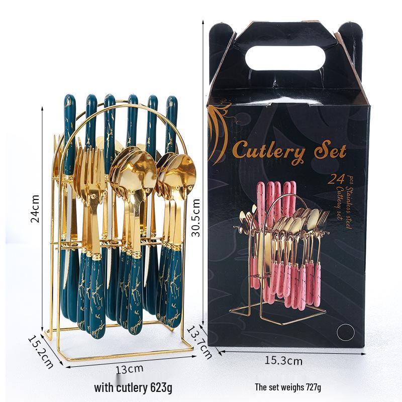 Stainless Steel 24-Piece Cutlery Set with Imitation Ceramic Handles - Includes Knives, Forks, and Spoons in Gift Box.