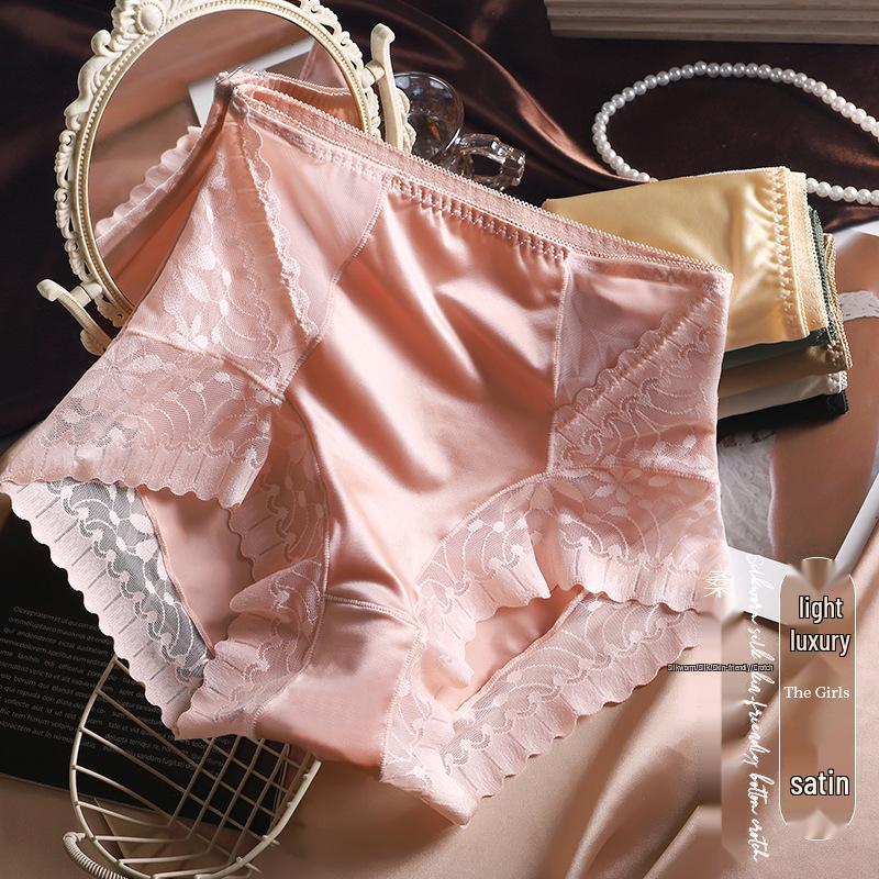 2024 Autumn/Winter Women's High-Waist Silky Satin Hip-Lifting Breathable Cotton Panties with Antibacterial Crotch