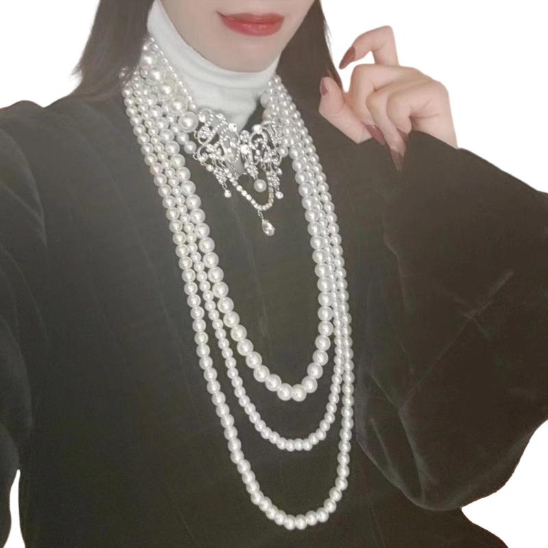 

Elegant Multi Strand Simulated Pearls Necklace For Daily Wear Adjustable Length Crystal Detail Clavicle Chain Accessory 1